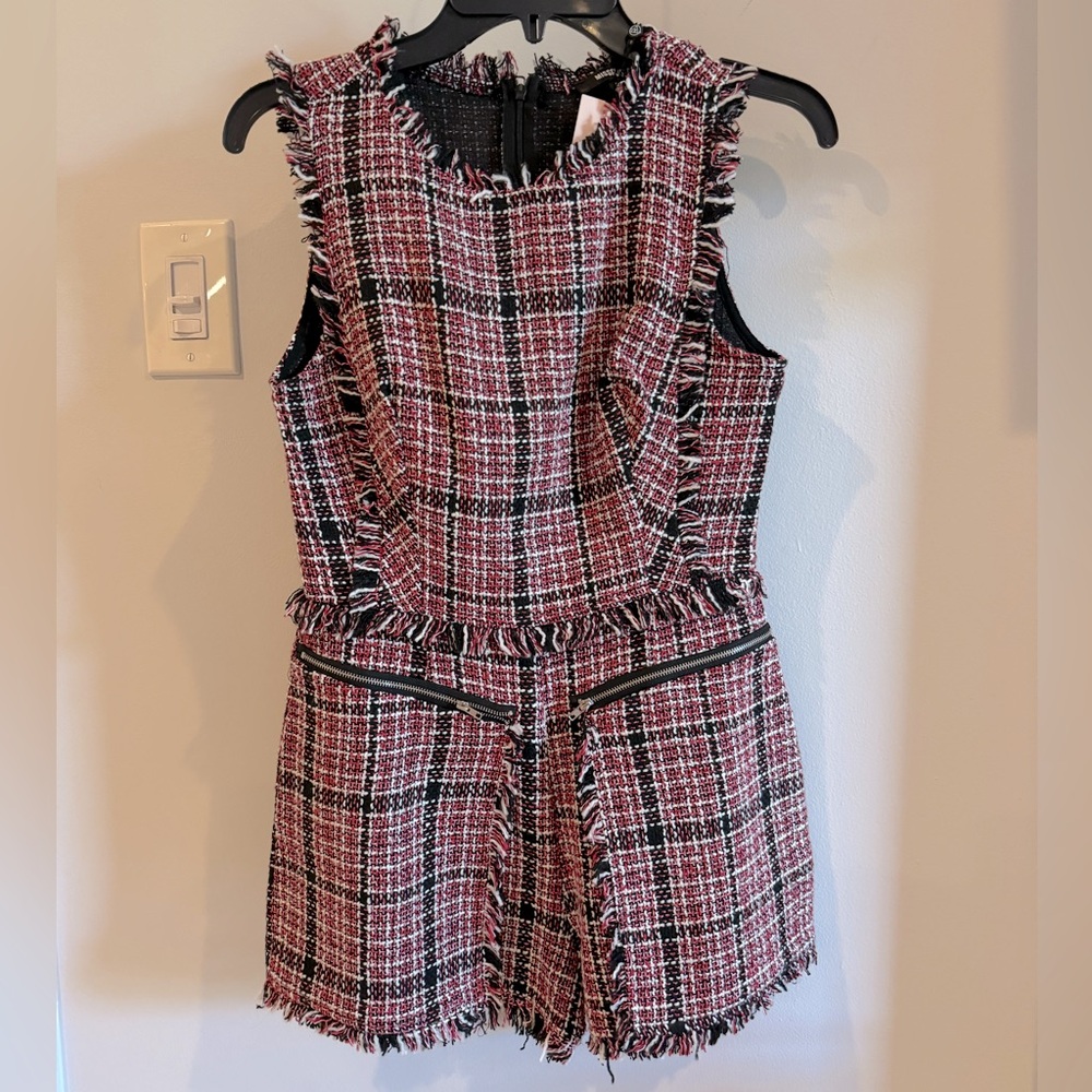 Missguided Red & Black Plaid Chanel Style Tweed Bounce Zip Playsuit Romper Small